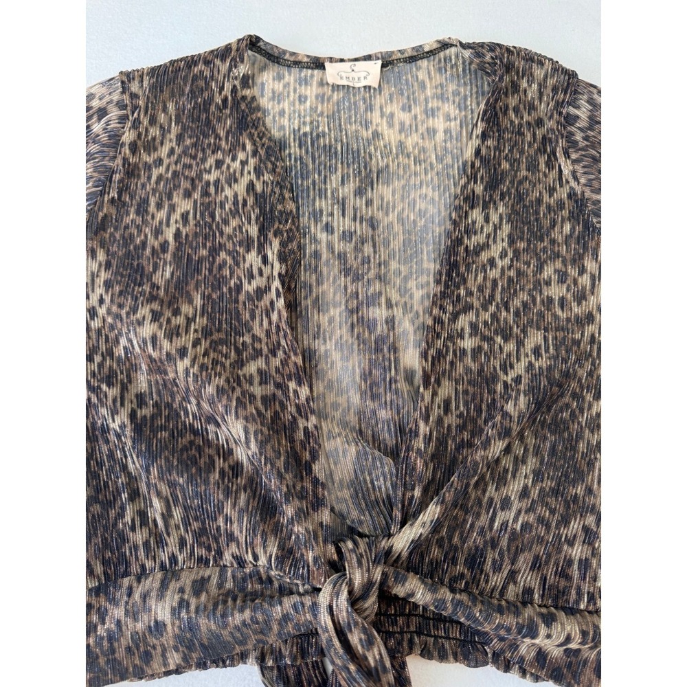 Ember Women's Large Leopard Print Metallic Sheer Tie Front Cardigan Y2K